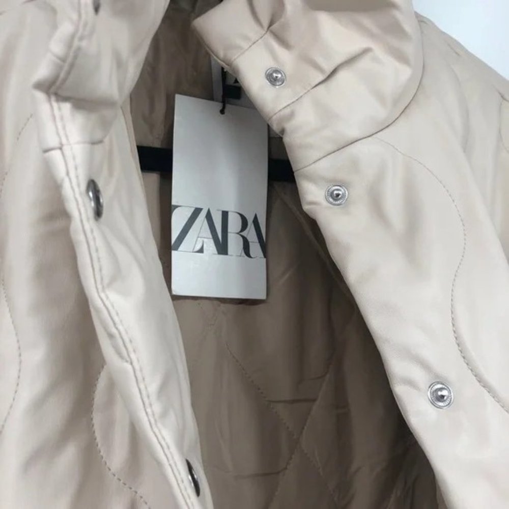 SOLD! NEW Zara Quilted Faux Ecru Leather High Neck Down Puffer Jacket Coat - Picture 6 of 9